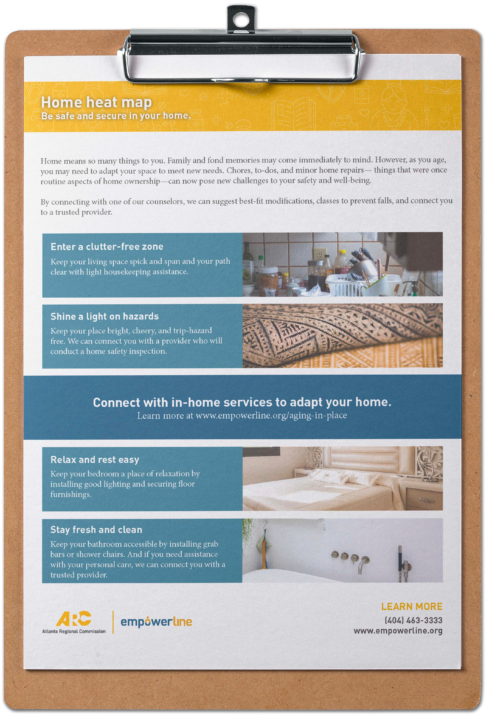 Clipboard with information on home safety modifications and in-home services for aging residents.