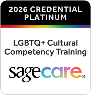 2026 Credential Platinum badge from sagecare - LGBTQ + Cultural Competency Training